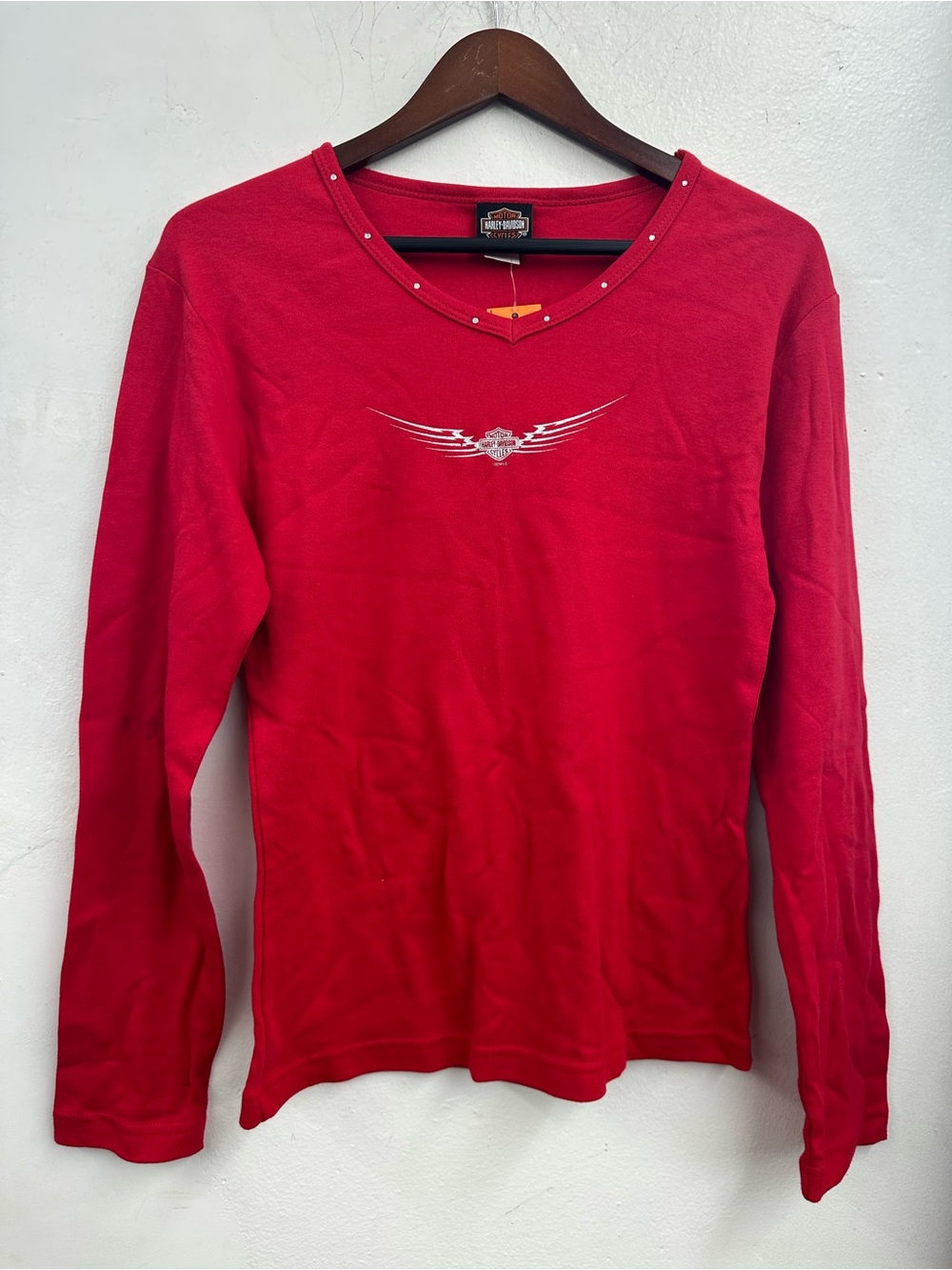 Harley-Davidson Red Long Sleeve V-Neck Shirt Womens size large Y2K o’fallon IL